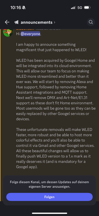 Pressemitteilung das Wled von Google übernommen wurde und nun viele Feature entfernt werden.