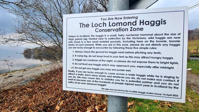 A humourous sign describing the rules to follow in a fictional Haggis Conservation Zone on the shores of Loch Lomond.