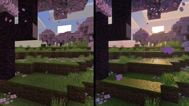 Eine Minecraft-Gegens mit Wiese und Bäumen, links in der alten Grafik, rechts mit modernerer Grafik und Lichteffekten