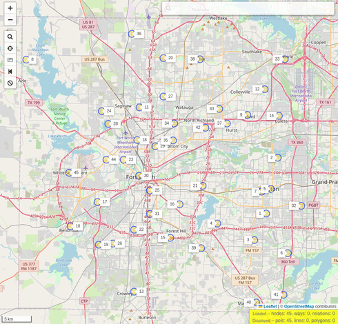 A map, generated by Overpass-Turbo, from OSM data in Tarrant County on early voting polling places (collated by myself from county data sources). All of Tarrant county is visible, with yellow dots accompanied by numbers. The numbers can be cross-referenced to the county's list of early voting centers to get addresses.