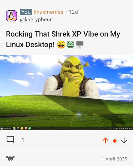 Screenshot of a Linux desktop customized with Shrek-themed Windows XP parody.