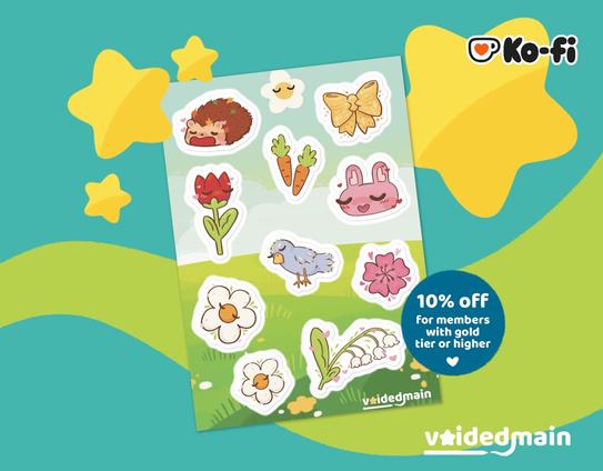 Promotional image of colorful sticker sheet of cartoon-style stickers featuring a hedgehog, flowers, a rabbit, a bird, and carrots. Promotional text tells there is a 10% discount for Ko-fi members with gold tier or higher.