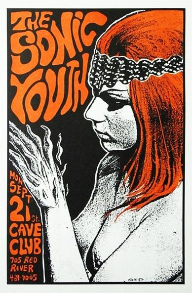 Concert poster for The Sonic Youth in orange psychedelic writing with an image of a red haired naked hippie girl who looks at her hand that may be burning.