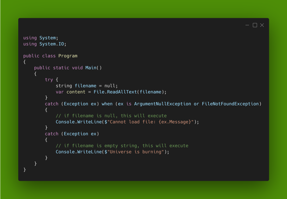 C# code snippet demonstrating exception filter.