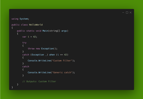 c# snippet showing that you can use references to objects in scope in exception filter.