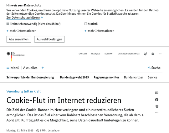 Webseite der Bundesregierung mit der Mitteilung zur neuen Verordnung "Cookie-Flut im Internet reduzieren". Ober ist ein Cookiebanner.