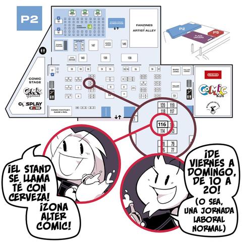 Mapa del cómic BCN (pabellón 2), señalando el stand 116, en la zona alter cómic, que es el de Té con Cerveza. Laurielle y Morán estarán allí los tres días a todas horas
