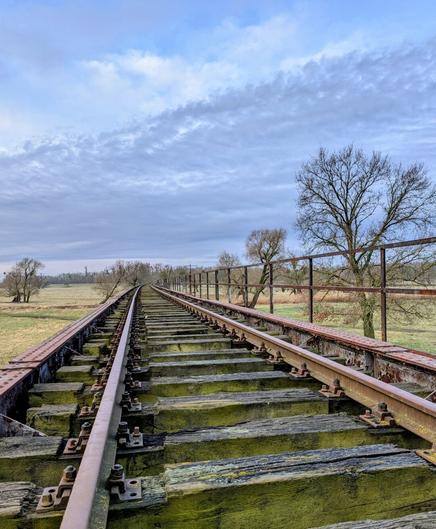 A low-angle perspective shows a set of disused railway tracks stretching into the distance. The tracks are made of rusty metal rails laid upon weathered wooden sleepers, many of which are covered in green moss or lichen. The tracks curve slightly to the left as they recede towards the horizon. To the right of the tracks, a rusty metal railing runs alongside, with bare trees and dry, brown fields visible beyond. On the left, similar fields and a few more bare trees are present. The sky above is partly cloudy, with patches of blue visible through the grey and white clouds. The overall scene has a somewhat desolate and abandoned feel.