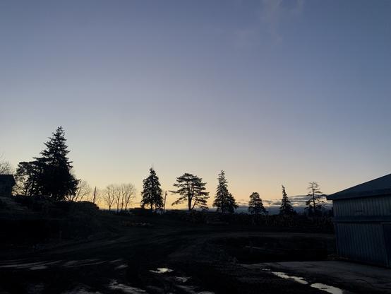 A slow start to a morning. A cool sky with dark blue hues is slowly lightened up by the rising sun
