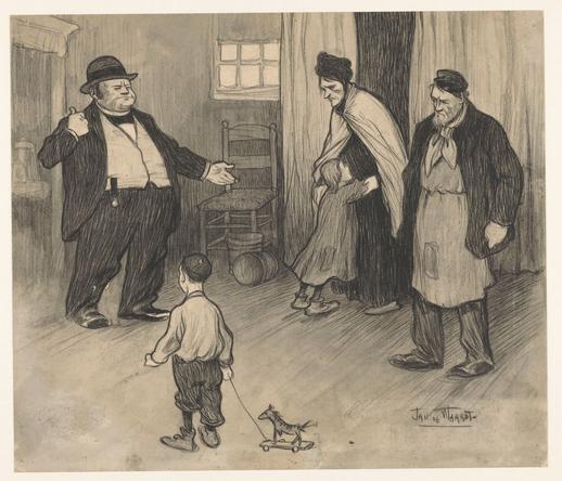 "Huisbaas zet gezin uit huis" (1885-1909), tekening door Jan de Waardt. https://www.rijksmuseum.nl/nl/collectie/object/Huisbaas-zet-gezin-uit-huis--d639a4bd098eb50488cf7a60c9c87af2?tab=data