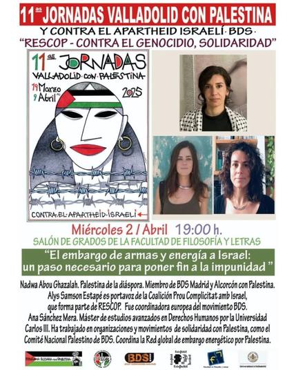 Imágenes de las ponentes y logo de las jornadas, mujer con pañuelo de bandera palestina en la cabeza tras alambre de espino.

Texto el del post