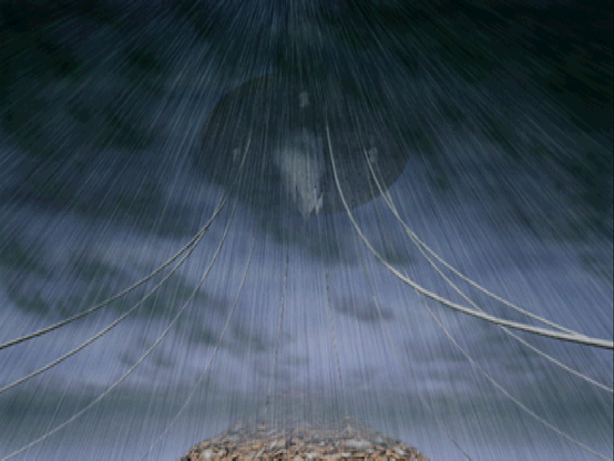 a futuristic platform up in the sky during heavy rain