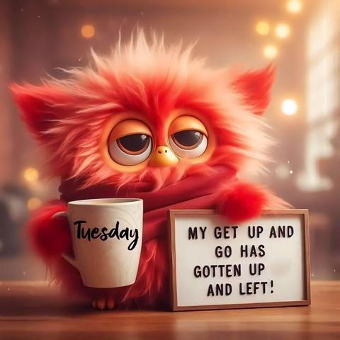 An exhausted character drinking is coffee.