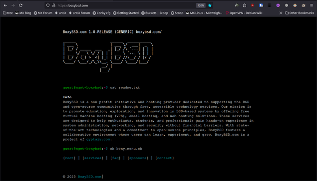 shows a web browser window displaying the BoxyBSD.com website. The background of the webpage is black, with white text and a logo in the center. The logo reads "BoxyBSD" in a stylized font. Below the logo, there is a section titled "Info" with a paragraph describing BoxyBSD as a non-profit initiative and hosting provider dedicated to supporting the BSD community. The paragraph mentions that BoxyBSD offers free virtual machine hosting, email hosting, and web hosting solutions to help enthusiasts, students, and professionals gain hands-on experience in system administration, networking, and security without financial barriers. The text is in a monospace font, and the website's URL is visible at the top of the page. The browser's address bar shows the URL "https://boxybsd.com" and the page title "BoxyBSD.com 1.0-RELEASE (GENERIC) boxybsd.com/". The browser's tabs and bookmarks are visible at the top, with some of the tabs showing names like "MX Blog," "MX Forum," and "OpenVPN - Debian Wiki." The bottom of the page includes a copyright notice for 2025.