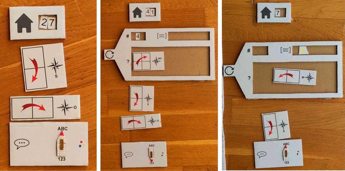 Fotos der drei Quadratonia-Aufgaben aus dem Wochenendrätsel mit Lösungswort MÄPPCHEN (Beschreibungen der Anweisungen siehe in der Bildbeschreibung des -Aufgabenzettels). Die entsprechenden Plättchen und sonstigen Quadratonia-Elemente sind so auf dem Boden ausgelegt, dass sie von oben nach unten die jeweilige Anweisung abbilden.