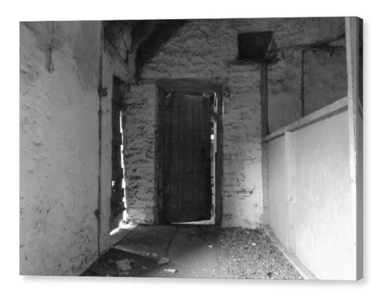 Black and white photograph showing the interior of a derelict building.  Ahead of you a weathered old door is ajar.  The image is shown as a box canvas print.
