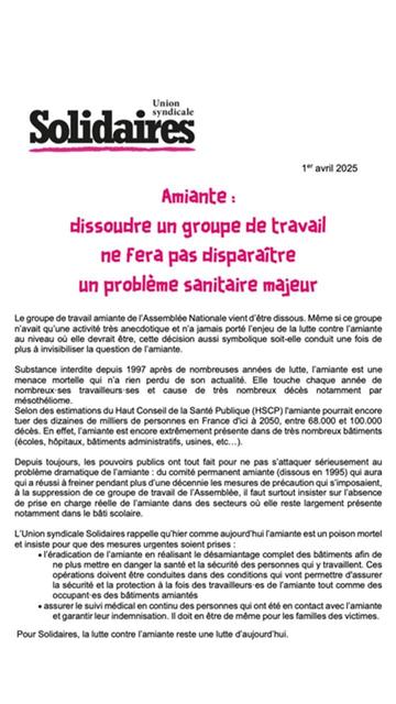 texte du communiqué de solidaires annonçant ce 1° avril la dissolution du groupe de travail AMIANTE alors que le problème sanitaire majeur perdure  
Le texte complet est en lien sur le site ( cf ci dessus)