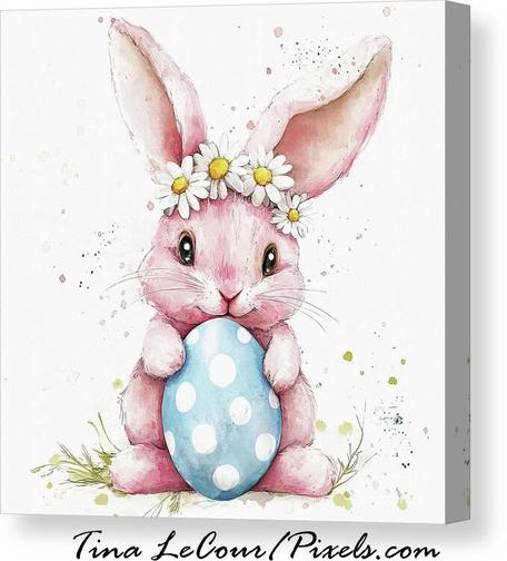 This is a watercolor canvas of a sweet pink easter bunny holding a big blue and white polka dot  easter egg