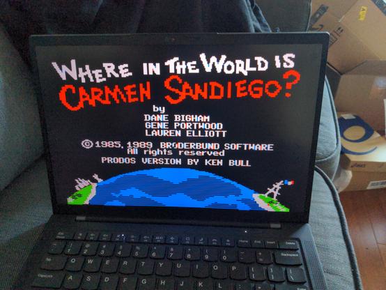 The Apple II version of Where in the World Is Carmen Sandiego running on a Lenovo Thinkpad.