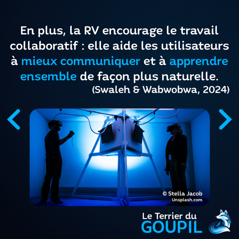 Texte : En plus, la RV encourage le travail collaboratif : elle aide les utilisateurs à mieux communiquer et à apprendre ensemble de façon plus naturelle. (Swaleh & Wabwobwa, 2024)
Image : Deux personnes de part et d'autre d'un dispositif de réalité virtuelle pour symboler leur collaboration dans l'espace numérique.