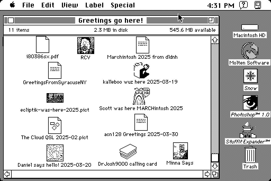 screenshot of macintosh SE running System 7.1. Showing all of the greetings I recieved over GlobalTalk for MARCHintosh 2025!