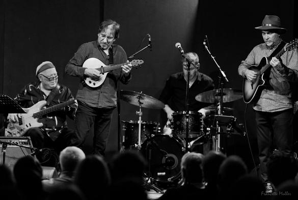 En plan moyen de face, au premier rang à gauche sur scène François joue de la mandoline son visage regardant vers le bas légèrement sur sa gauche, Éric à la guitare acoustique à droite et derrière eux, Jean-Marc à gauche joue sa basse assis en regardant sa main sur le manche, tandis que Cédric joue en regardant les fûts de sa batterie; devant la scène on voit les têtes floues des spectateurs des premiers rangs (photo en noir et blanc)