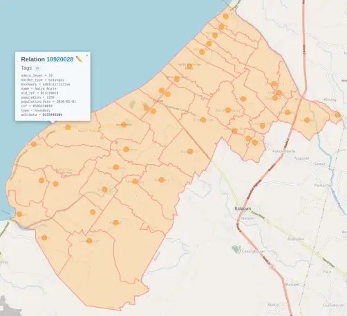 Screenshot of an Overpass Turbo query result map showing the boundaries and the node label positions of the 40 barangays of Luna, La Union, with the relation of Nalvo Norte selected showing its tags.