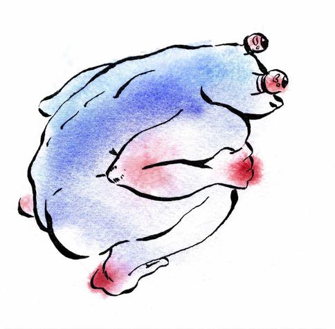 Dessin à l'aquarelle et à l'encre d'un monstre accroupi de dos, le corps est humain, plein d'encre bleue avec des accents rouges, la tête ressemble à celle d'une grenouille avec de gros yeux globuleux écarquillés