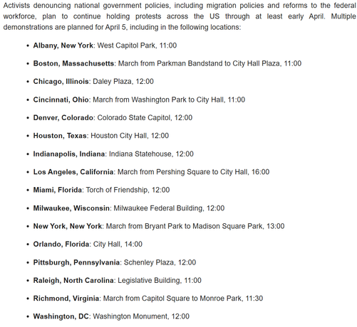 A screenshot of an email from a travel-alert-security program sending alerts about upcoming protests "denouncing national government policies", with a neat list of places, dates, and times.