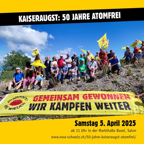 Bild der Anti-Atom-Radtour aus 2022 mit der Aufschrift "Kaiseraugst: 50 Jahre Atomfrei - Gemeinsam gewonnen. Wir kämpfen weiter"