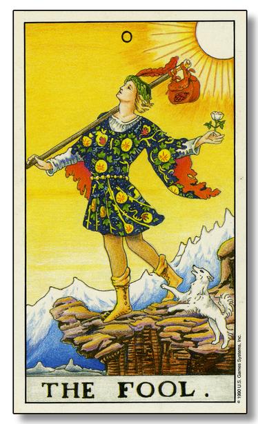 Tarot card number 0: The Fool. It shows a gaily dressed fool with a bindle on one shoulder and holding a white flower in his hand. He is stepping off a cliff, blissfully unaware. A small white dog is at his side.