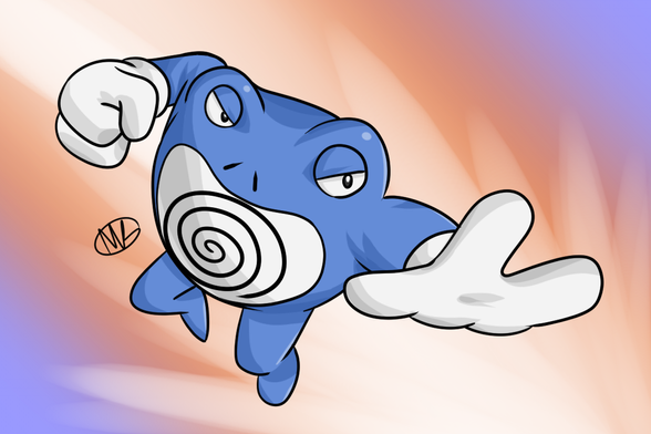 The Pokémon known as Poliwrath leaping towards the viewer with an extended arm, winding up a large punch. He has an angry look in his eyes, above his trademark swirl on his stomach.