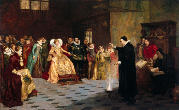 Hermetic Library Hermeneuticon John Dee Performing an Experiment Before Queen Elizabeth I Painting Glindoni Wellcome 47369i