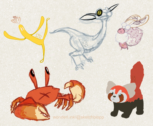 Digital Fan Art for Final Fantasy XIV: Colourful sketches of five "minions" from the game, little companion creatures. From left to right and top to bottom: Dancing Royal Lunatender (a spikeless elongated golden cactus with a little flower on its head), unfinished sketch plus some line art from a tiny velociraptor, plush Happy Bunny (creature that looks like a mix of a bunny and an insect, very cute, with long leaf-like ears), a red crab with a slightly cautious posture and expression, a fluffy red panda. All of them look somewhat neutral or confused at the unfinished raptor. Artist: Sketchblopp
