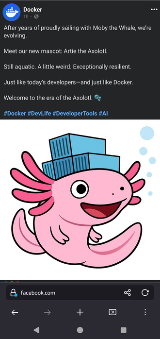 a screencap of Docker's April Fool's Day post on facebook announcing a change from the whale mascot to a pink axolotl. It has shipping containers on its head like the whale but it makes a lot less sense since axolotls, unlike whales, ara not really boat-shaped. But he looks happy and I want him to be my friend.