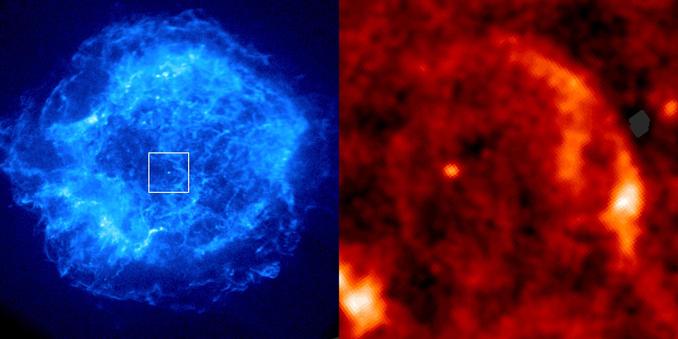 Two images of supernova remnants, the left in blue false color, the right in red false color.
