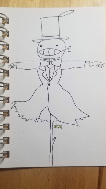 Ink drawing of Turnip Head from Howl's Moving Castle; a sentient scarecrow wearing a beat up suit, bow tie,  & top hat that stands on a stick. His head is a carved turnip & he has a pipe clenched in his teeth .