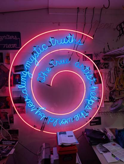 One of the most iconic Bruce Nauman pieces- this one exists as a "Living Template" and is Fishman's personal copy. It has been all over the world and I saw it in NYC at MoMa PS1 a few years ago. It's pink spiral with blue script letters have inspired countless copycat pieces from artists in the decades since it's original making.