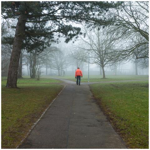 A person with a bright orange jacket on a pedestrian way in a park.