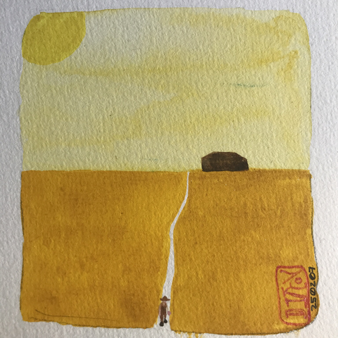 Watercolor illustration in yellow tones of a field with a farmer walking a long way to his farm