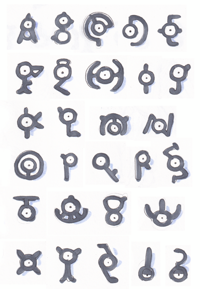 A page with a drawing of every Unown. They all look a bit alarmed