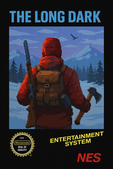 Flawed NES box art generation for The Long Dark. The title, “THE LONG DARK” is shown horizontally above a pixel-art image. The pixel-art image shows a person from the back, wearing a hooded parka and a toque, a brown leather backpack, a rifle with a wooden stock, and a hatchet, while walking in a wooded landscape in winter. Below the pixel art, the Nintendo seal of quality can be seen, along with a slanting “ENTERTAINMENT SYSTEM” text.