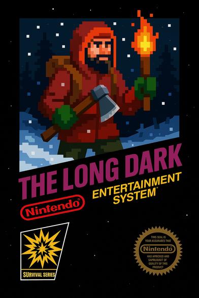 Better NES box art generation for The Long Dark. A pixel-art image shows a person in three quarters profile, wearing a hooded parka, a brown backpack, a hatchet, and a lit torch, while walking in a snowy landscape. Below the pixel art, the title, “THE LONG DARK” is shown at an angle. Under the title, also slanting, is the Nintendo logo and the text “ENTERTAINMENT SYSTEM”. In an irregular quadrilateral at the bottom left, there is an explosion symbol and the text “SURVIVAL SERIES”. The Nintendo seal of quality can be seen in the bottom right corner, but with partly unreadable text.