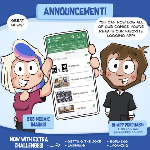 Rachel is holding up a smartphone and Heinze is standing next to her, both smiling and looking at the reader. The phone screen displays a comic logging app with a list of comics and read counts. Speech bubbles read: 'Great news!' and 'You can now log all of our comics you've read in our favorite logging app!' The banner at the top says 'ANNOUNCEMENT!' Additional text at the bottom highlights new features such as '3x3 Mosaic Images!' and 'Now with extra challenges!' including 'Getting the joke,' 'Laughing,' 'ROFL-ing,' and 'LMAO-ing.' A small box on the right mentions an in-app purchase for logging sponsored comics.