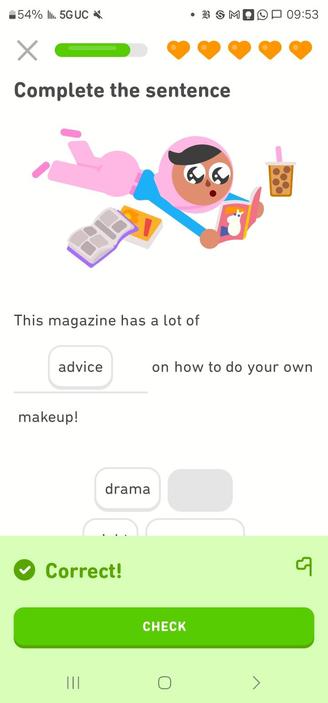 A screenshot from the Duolingo app. The character Zari, a young woman wearing pink head covering, is depicted lying down and reading a book with someone who looks like Snork Maiden on the cover. The exercise text is: "The magazine has a lot of advice on how to do your own makeup." (The exercise is to fill the word "advice" in the empty space.)