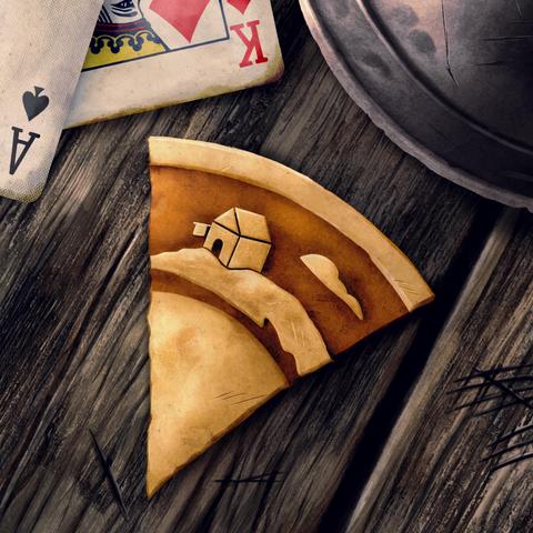 A picture of the artwork for the Alehouse release from the Pieces of Eight collection. It shows a worn-looking table, a small section of a dull grey metal disc that may be a plate, the corners of two playing cards (a King of Diamonds and an Ace of Spades), and in the middle an eighth of a slightly tarnished gold coin. Embossed on it is the image of a simple little building, a tavern with a sign jutting out from the wall above the door, and a lonely cloud in the sky above it.