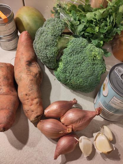 Ein Teil der Zutaten für das Gericht, darunter Knoblauch, Schalotten, Süßkartoffel, Brokkoli, Mango, frischer Koriander, Kokosmilch und Gewürze