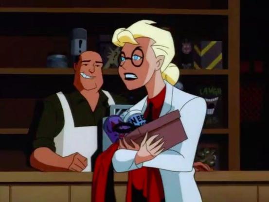 A cartoon of a blonde woman in a doctor's coat holding an armful of merchandise in a store. She looks harried.