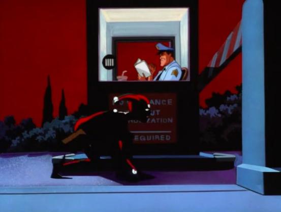 A woman in a harlequin costume sneaking past a guard in a booth, in a nighttime scene
