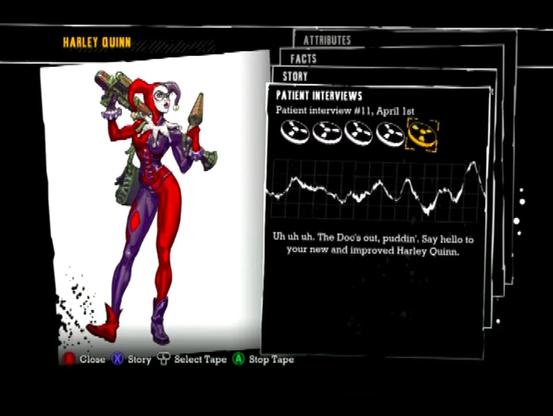 A screencap from a game showing a patient interview, labeled "Harley Quinn" and dated April 1. The text says, "Uh uh uh. The Doc's out, puddin. Say hello to your new and improved Harley Quinn."